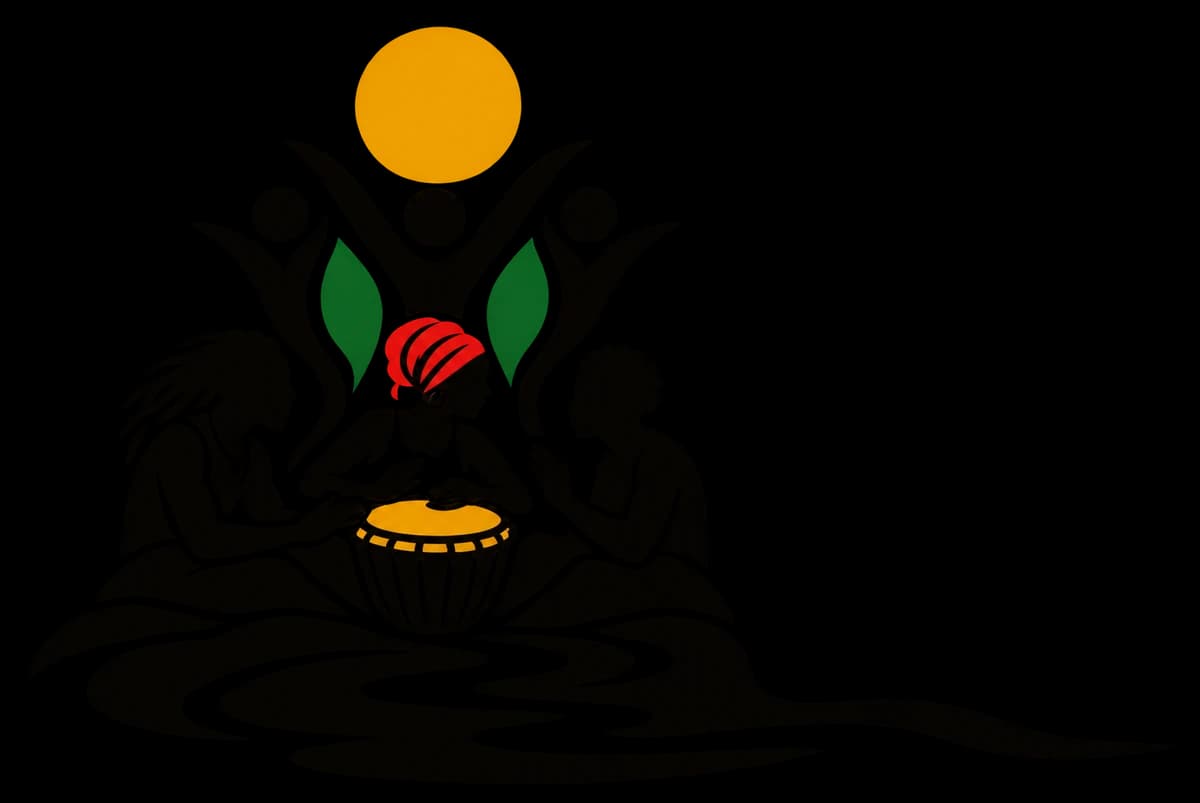 Illustration of three people sharing a drum beside a flowing river, with community figures, leaves and a gold sun